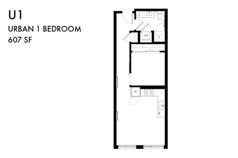 A floor plan of a one bedroom apartment.